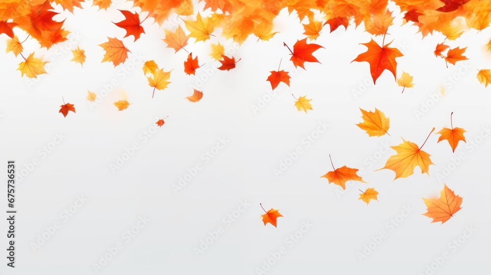 Obraz premium Realistic falling leaves. Autumn forest maple leaf in september season, flying orange foliage from tree on ground transparent background