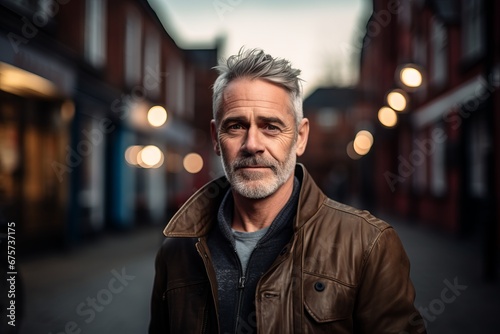 Portrait of a handsome senior man with grey hair wearing a brown leather jacket.