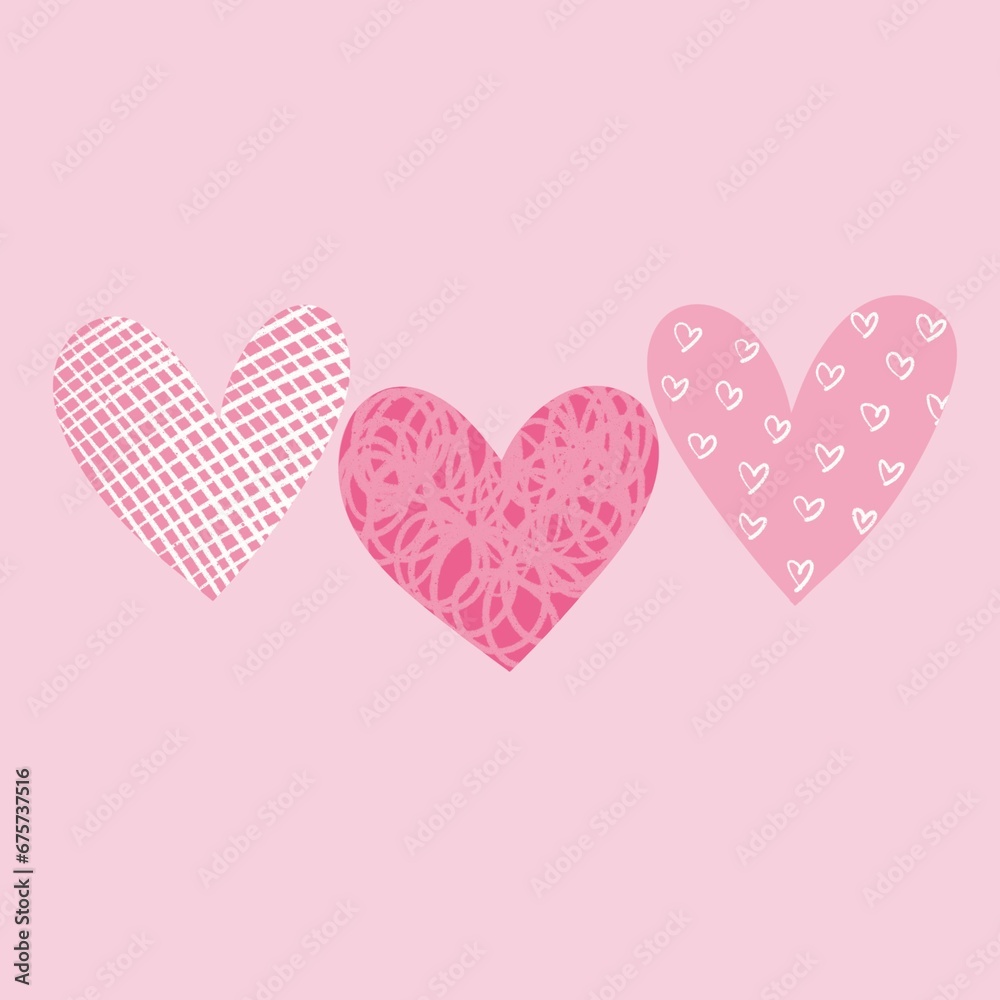 three hearts with different patterns on a light pink background