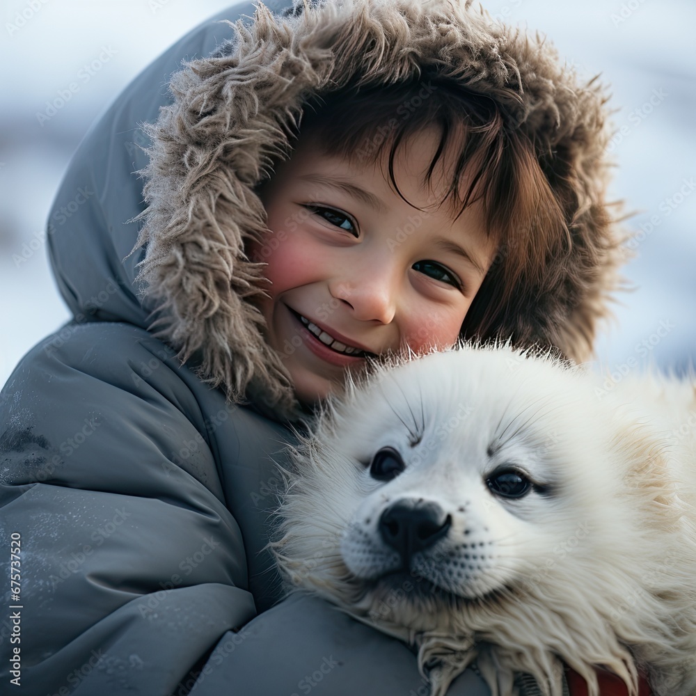 Portrait of a kid with a harp seal pup cuddling in cold polar place