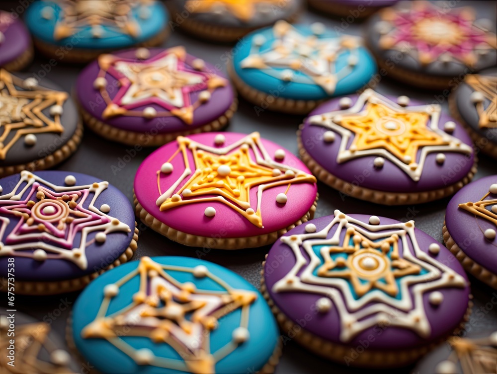 Close up of colorful Hanukkah cookies with vibrant colors