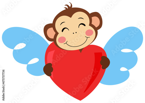 Cute monkey holding a red heart with wings
