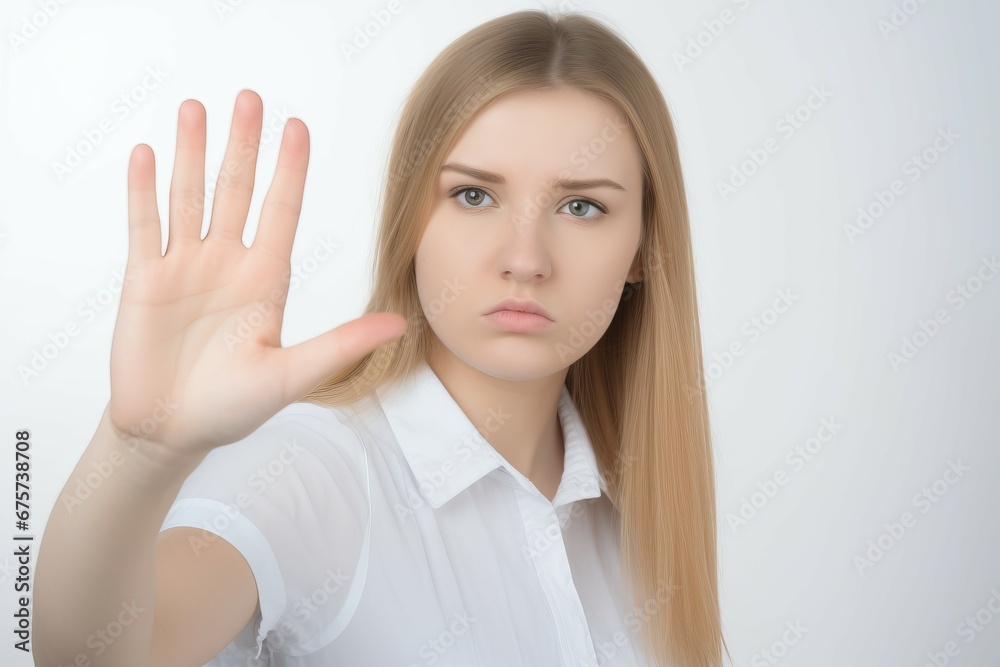 Serious woman making stop hand gesture. Lady gesturing warning reject palm symbol. Generate ai Serious woman making stop hand gesture. Lady gesturing warning reject palm symbol. Generate ai
