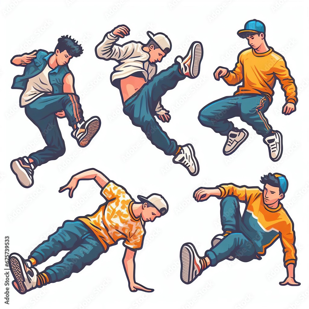 Cartoon style male breakdancers dancers set.
