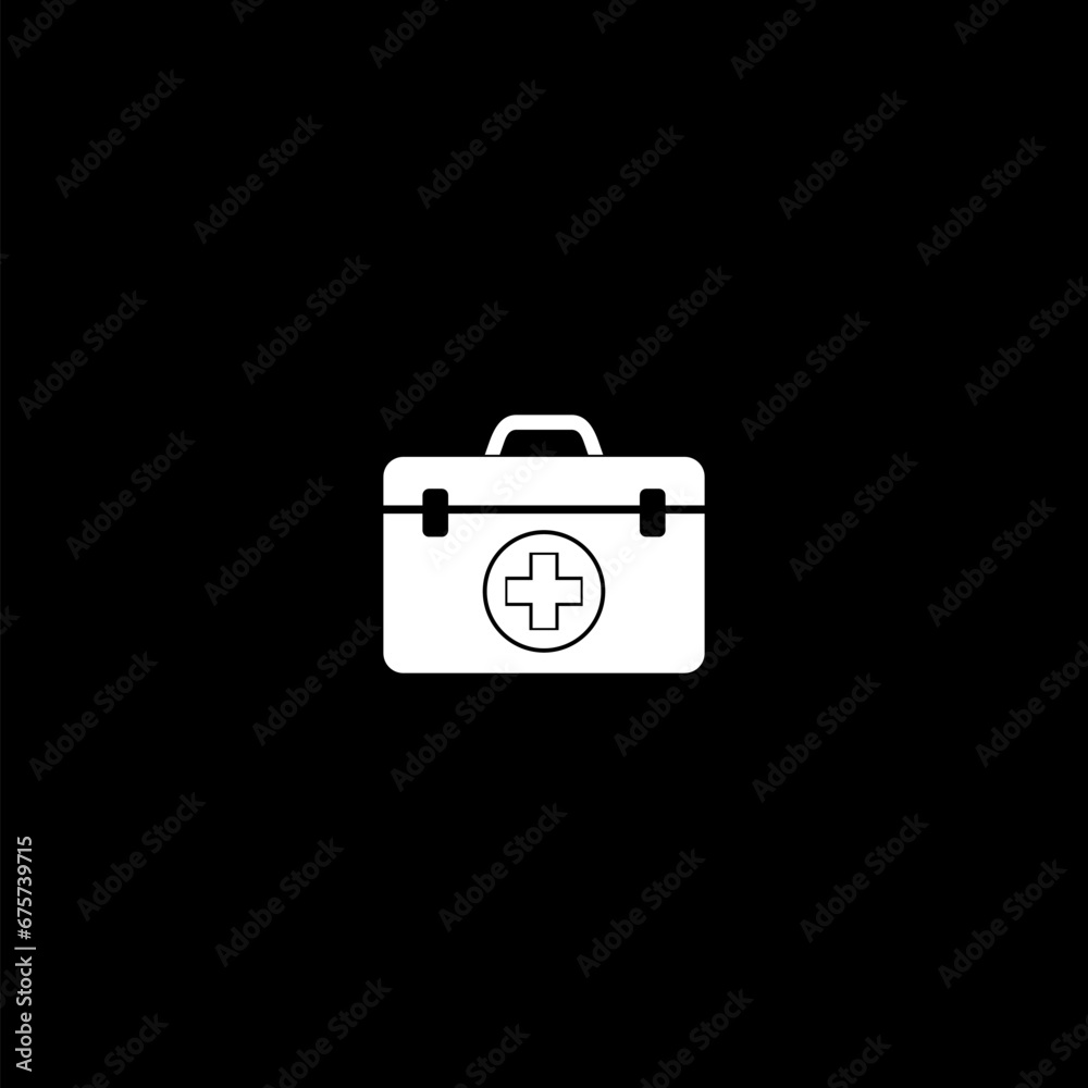 First aid kit, medical box pictogram. First aid kit bag icon isolated on black First aid kit, medical box pictogram. First aid kit bag icon isolated on black