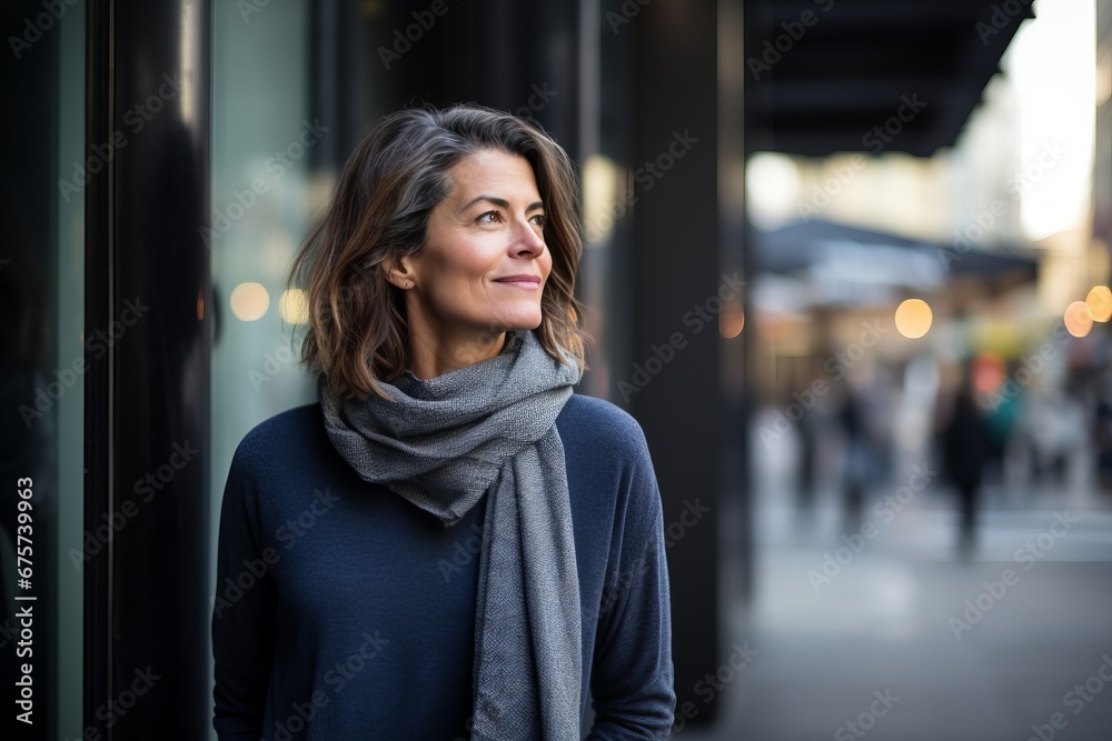 Portrait of middle-aged woman with scarf in the city. Portrait of middle-aged woman with scarf in the city.