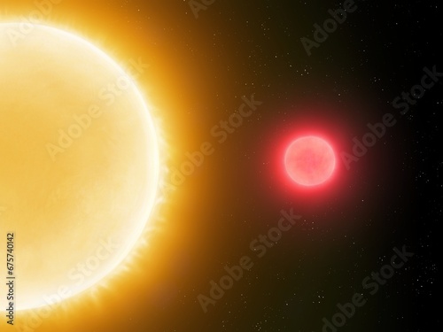 Red dwarf star near the sun. Comparison of luminosity and sizes of stars of different classes. photo