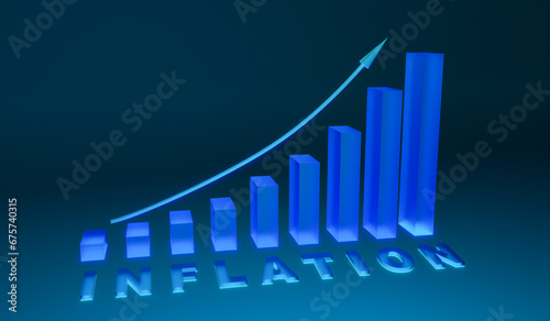 Rising inflation. Blue bar chart with arrow moving up. Economy, social issue, devaluation. 3D illustration