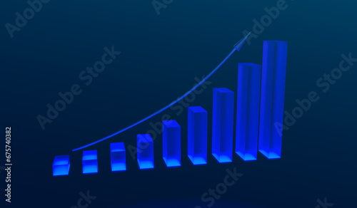Illuminated blue bar chart and arrow moving up. symbol, growth, business, presentation, infographic. 3D illustration