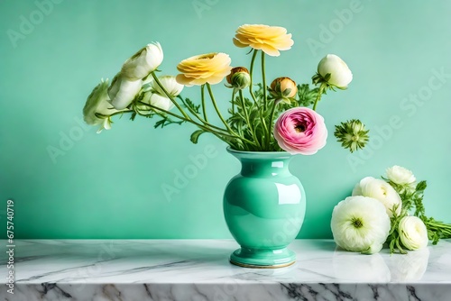 Artistic shot of ranunculus in a mint green ceramic vase, placed on a marble pedestal, minimalist design, elegant indoor interior background,