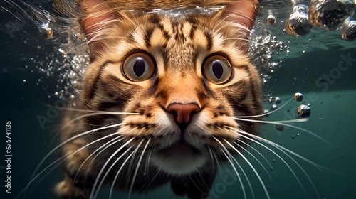 close up picture of surprised cat underwater photo