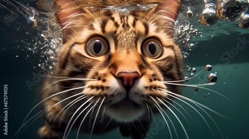 close up picture of surprised cat underwater