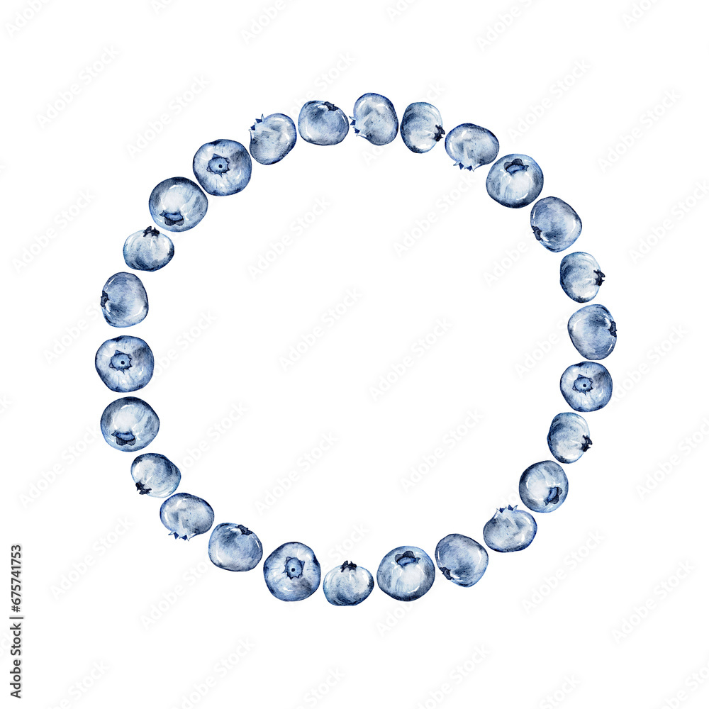 Fototapeta premium Blueberry wreath. Hand drawing watercolor illustration with juicy fresh blueberries. Healthy lifestyle concept. Circular border for menu, cookbook, icon, packaging, logo, market. Place for your text.