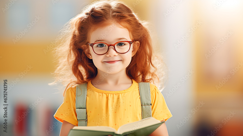 Obraz Cute smiling kindergarten girl with red curly hair in gasses holding a book. Reading learning homeschooling home education illiteracy campaign banner
