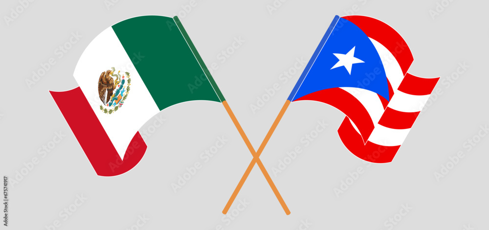 Crossed and waving flags of Mexico and Puerto Rico