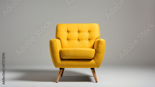 Yellow button tufted soft cushioned armchair on gray background. Interior design modern furniture concept. Banner with copy space