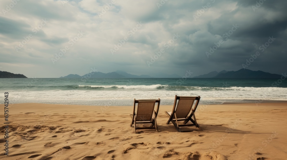 Empty wooden sun loungers on the sand of the deserted beach facing the sea on a cloudy day