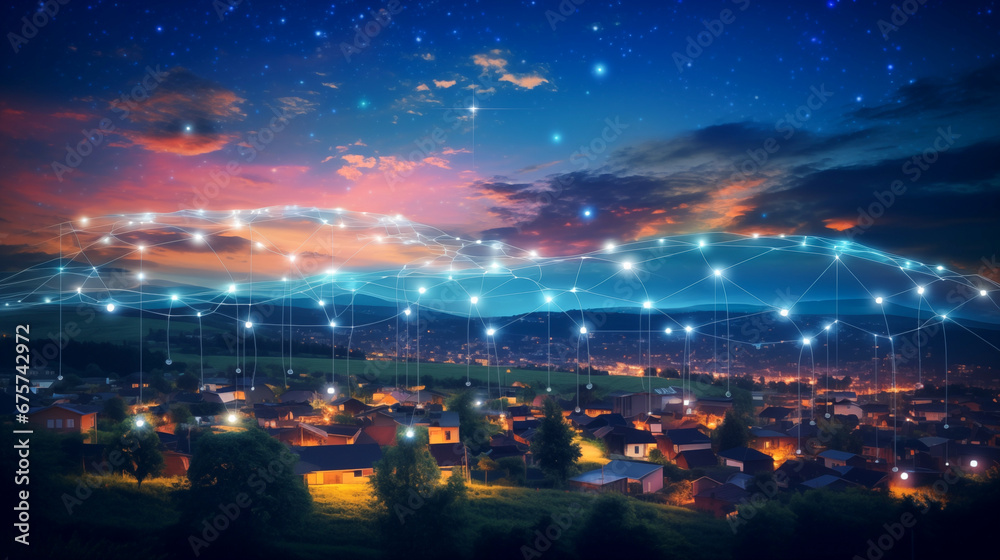 Title: Futuristic Smart Cityscape at Night with Connected Network Nodes and Internet of Things IoT Illustration Against a Starry Sky Background