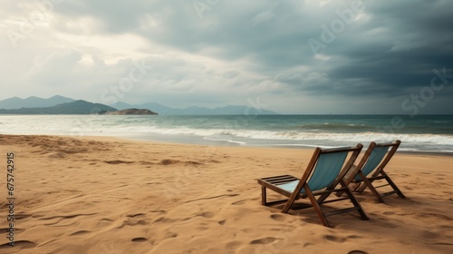 Empty wooden sun loungers on the sand of the deserted beach facing the sea on a cloudy day