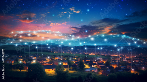 Title  Futuristic Smart Cityscape at Night with Connected Network Nodes and Internet of Things IoT Illustration Against a Starry Sky Background