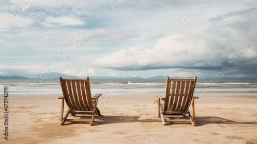 Empty wooden sun loungers on the sand of the deserted beach facing the sea on a cloudy day © Praphan