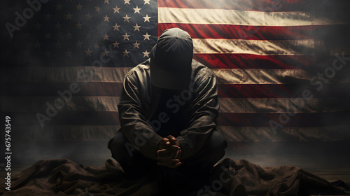 Beggar in the United States, a sad beggar sits with his head down in dirty clothes, with a United States flag in the background.