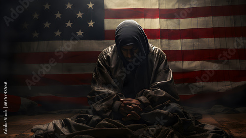 Beggar in the United States, a sad beggar sits with his head down in dirty clothes, with a United States flag in the background.