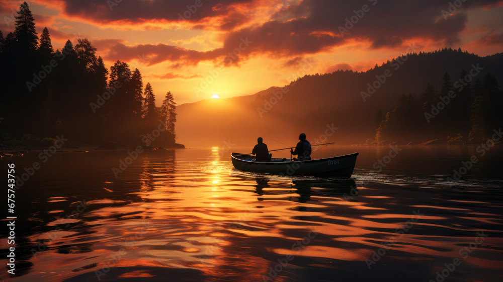 Fishermen in Boat at Scenic Sunset on Lake