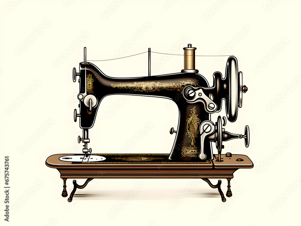 Illustration of a black manual retro sewing machine with, isolated on yellow background 