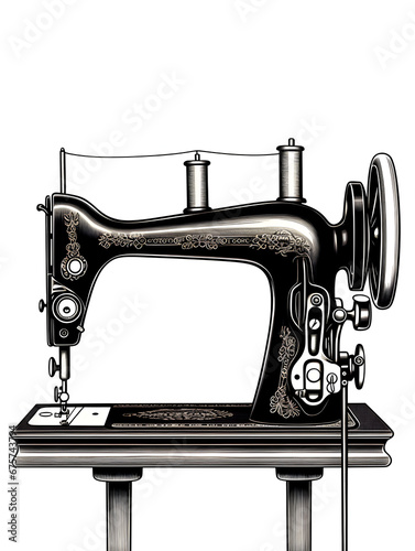 Illustration of a black manual retro sewing machine with, isolated on white background 