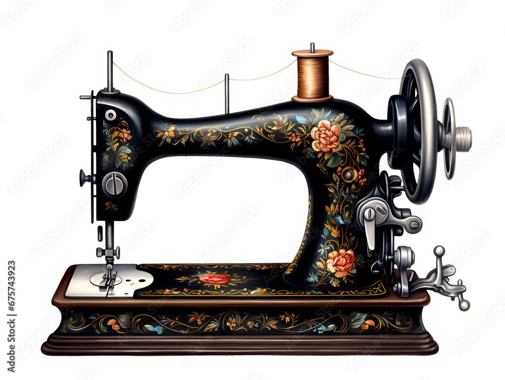 Watercolor illustration of a black manual sewing machine with flower design, isolated on white background 