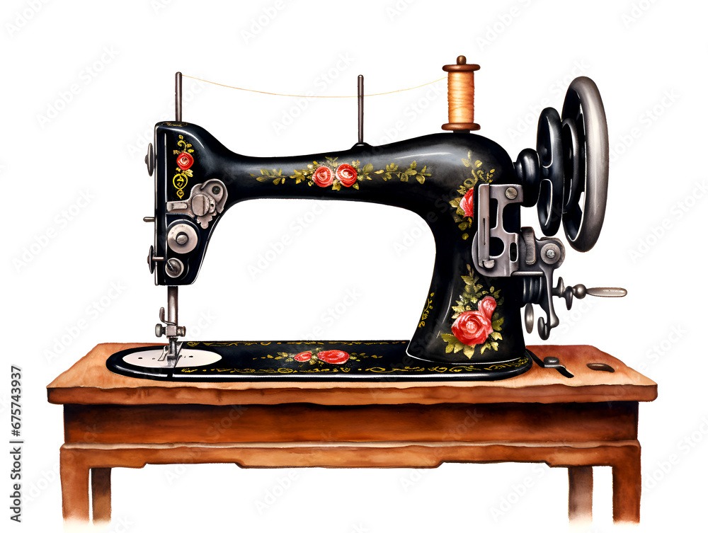 Watercolor illustration of a black manual sewing machine with flower design, isolated on white background 