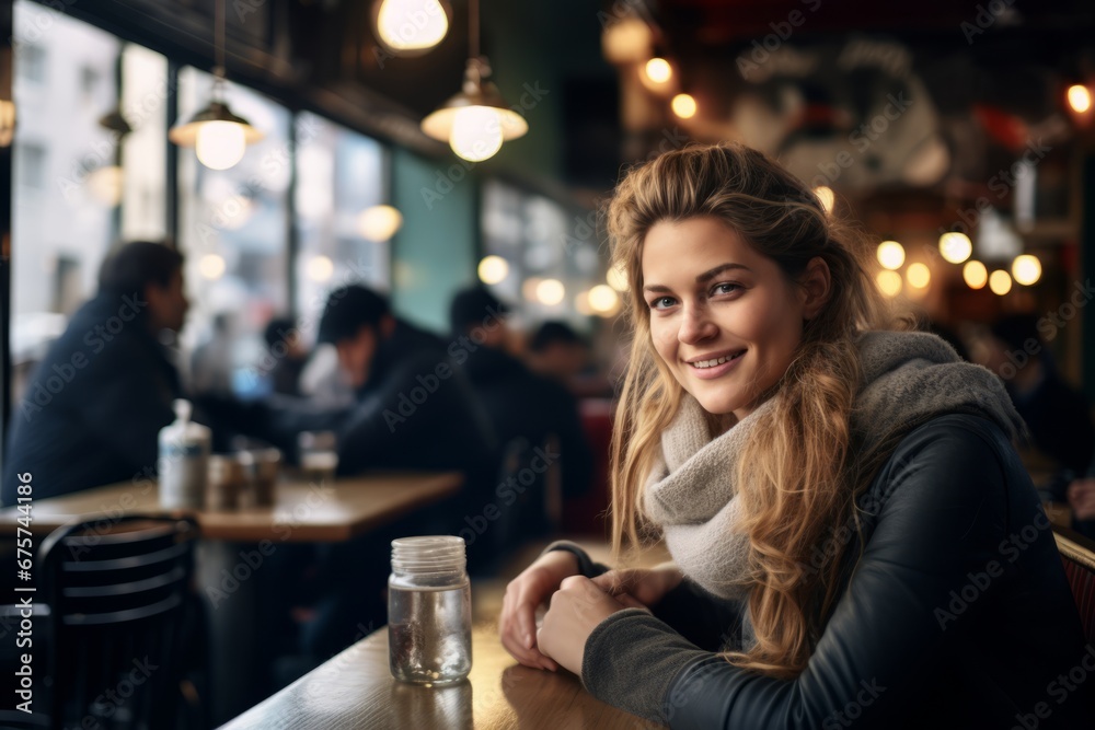 Beautiful young woman sitting in a cafe, drinking coffee and smiling