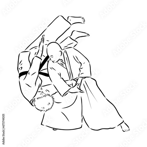 Aikido combat between athletes, stylized vector illustration