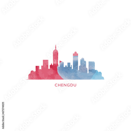 Chengdu watercolor cityscape skyline city panorama vector flat modern logo, icon. China metropolis emblem concept with landmarks and building silhouettes. Isolated graphic