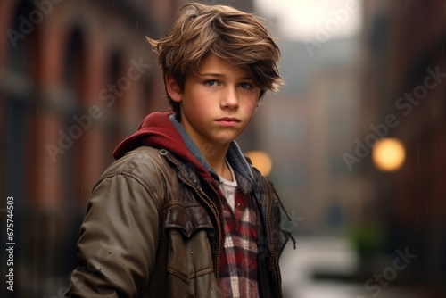 Portrait of a handsome young boy in a city. Urban scene.