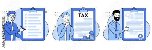 To do list, tax, contract. People sign document. Characters signing legal document, electronic contract or agreement. People reading and signing contract terms and conditions. Vector flat illustration
