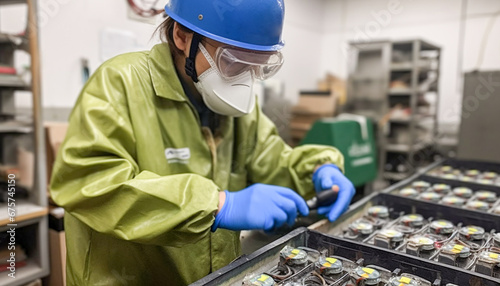 A battery worker repairs a battery wearing a protective suit and mask. photo