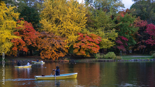 A small lake with several boats on it, surrounded by vibrant color autumn trees and foliage, a beautiful tourist spot of Nakajima Koen in Hokkaido.