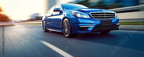 blue business car driving along the line at high speed. A blue car rushes along the highway. motion speed blur