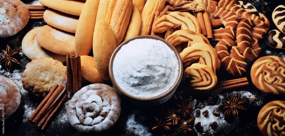 still life of cookies with chocolate on a wooden table, dark background, delicious pastries