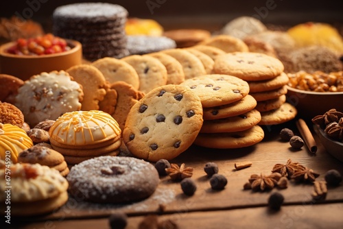 still life of cookies with chocolate on a wooden table, dark background, delicious pastries