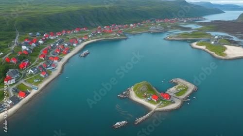 Amazing aerial view of the Uttian beach view on Norwegian Froya island. Fisherman's Cabins - red rorbu by the fjord. photo
