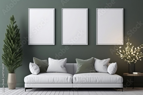 Modern minimalistic stylish living room with large sofa and pillows. Сhristmas tree in pot, flowers in vase on table, three white poster frames on green wall background, mock up. New year home decor 