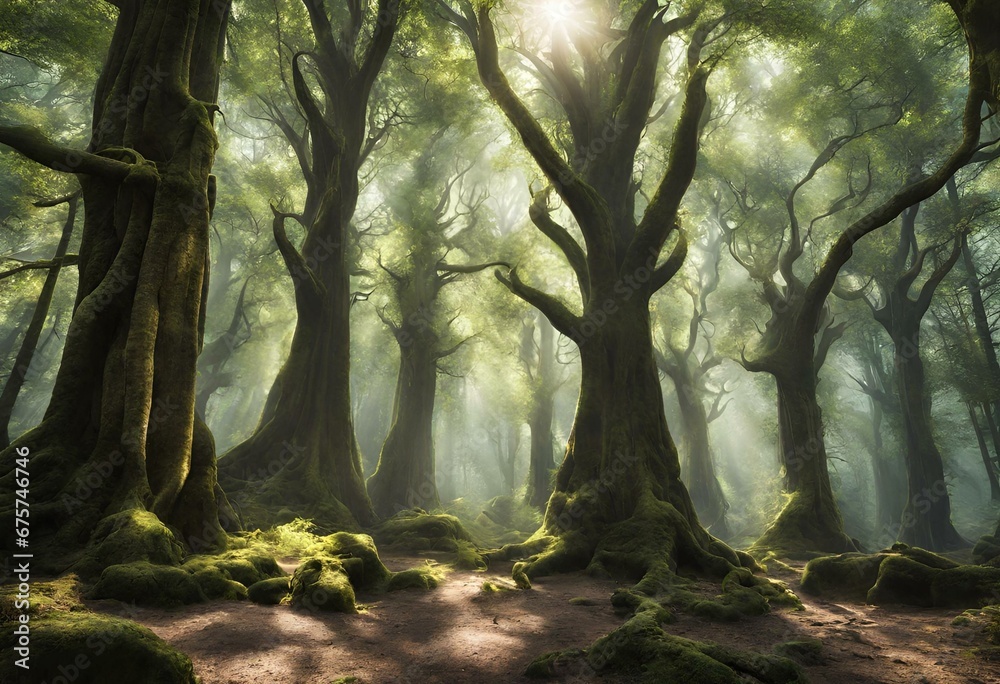 A green forest with sun light passing through the trees
