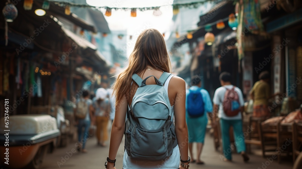 Back view of young woman with a backpack walking down a street market during her Southeast Asia adventure