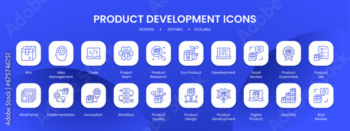 Product development icon collection with black filled line outline style. product, development, business, design, web, concept, idea. Vector Illustration