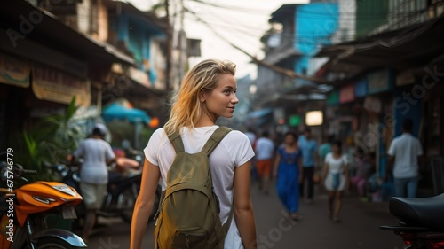 Backpacker woman visiting a crowdy street food market in Southeast Asia town photo