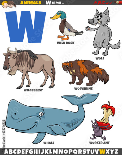 cartoon animal characters for letter W educational set