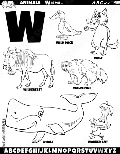 cartoon animal characters for letter W set coloring page